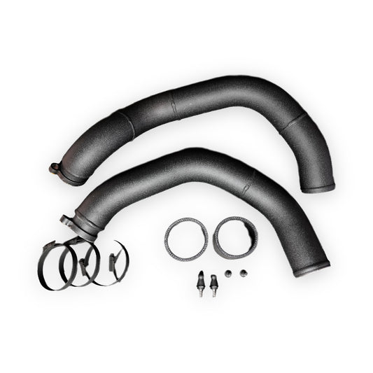 Beide Aluminium-Chargepipes für den BMW S55 mit Schellen und Montagezubehör