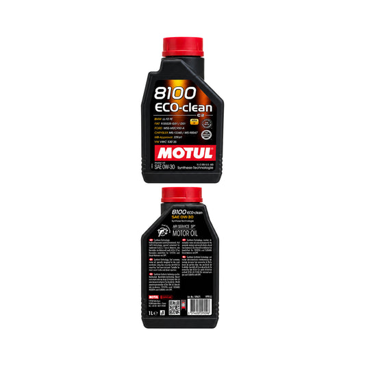 Motul 8100 Eco-clean 0W-30, 1 Liter – Vorder- und Rückseite mit Freigaben und Spezifikationen