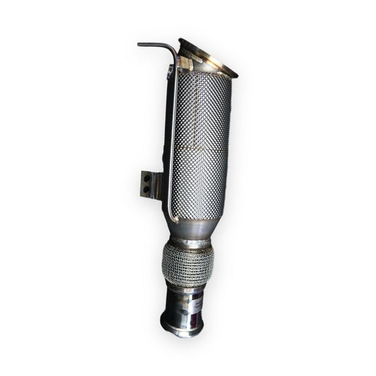 MxM Downpipe B58 in Seitenansicht mit Halter und Hitzeschutzmantel