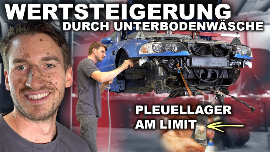 Estorilblauer BMW E46 M3 bei der Unterbodenreinigung in der Werkstatt – Video von MX Motorsports
