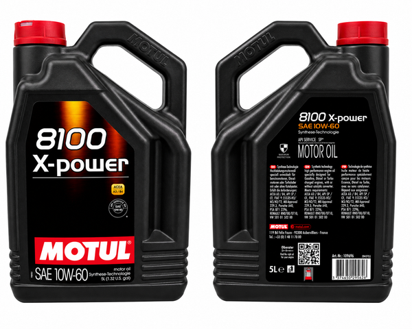 Motul 8100 X-power 10W-60 Motoröl, 5-Liter-Kanister, Vorder- und Rückseite