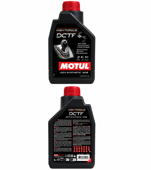 Motul High Torque DCTF Doppelkupplungsgetriebeöl für BMW M-DKG, 1-Liter-Flasche, Vorder- und Rückseite