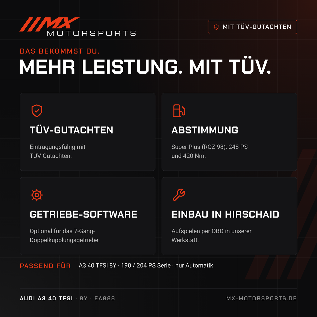 Leistungsmerkmale: TÜV-Gutachten, Abstimmung, Getriebe-Software und Einbau in Hirschaid für den Audi A3 40 TFSI