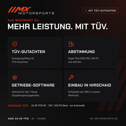 Leistungsmerkmale: TÜV-Gutachten, Abstimmung, Getriebe-Software und Einbau in Hirschaid für den Audi A3 40 TFSI