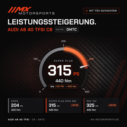 Audi A6 40 TFSI (C8) Leistungssteigerung mit TÜV-Gutachten, Motor DMTC: 315 PS und 440 Nm, mit ROZ 102 bis 325 PS