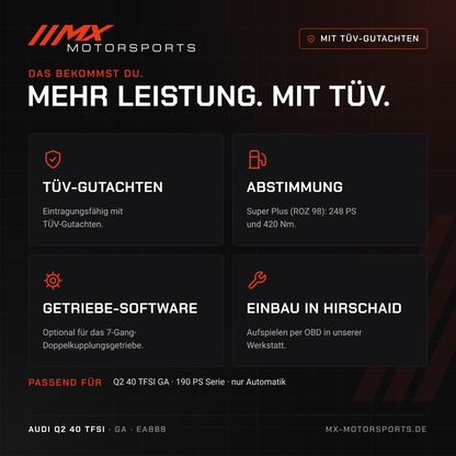 Leistungsmerkmale: TÜV-Gutachten, Abstimmung, Getriebe-Software und Einbau in Hirschaid für den Audi Q2 40 TFSI