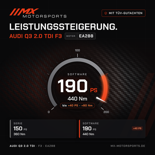 Audi Q3 2.0 TDI 150 PS (F3) Leistungssteigerung mit TÜV-Gutachten, Motor EA288: 190 PS und 440 Nm