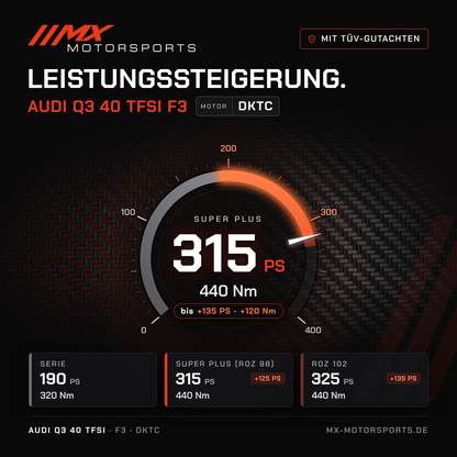 Audi Q3 40 TFSI (F3) Leistungssteigerung mit TÜV-Gutachten, Motor DKTC: 315 PS und 440 Nm, mit ROZ 102 bis 325 PS