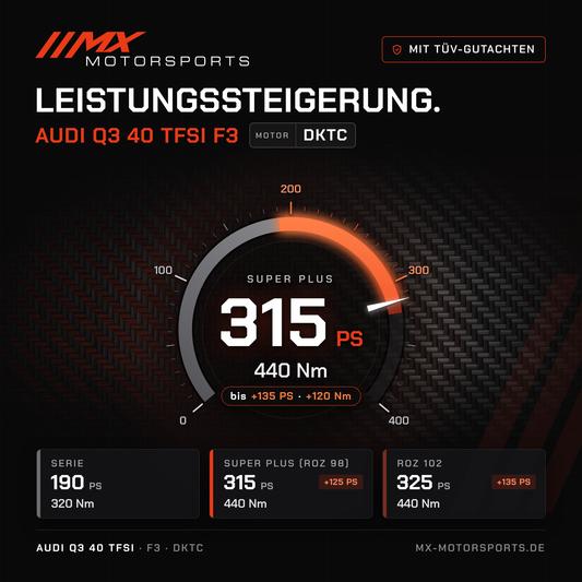 Audi Q3 40 TFSI (F3) Leistungssteigerung mit TÜV-Gutachten, Motor DKTC: 315 PS und 440 Nm, mit ROZ 102 bis 325 PS
