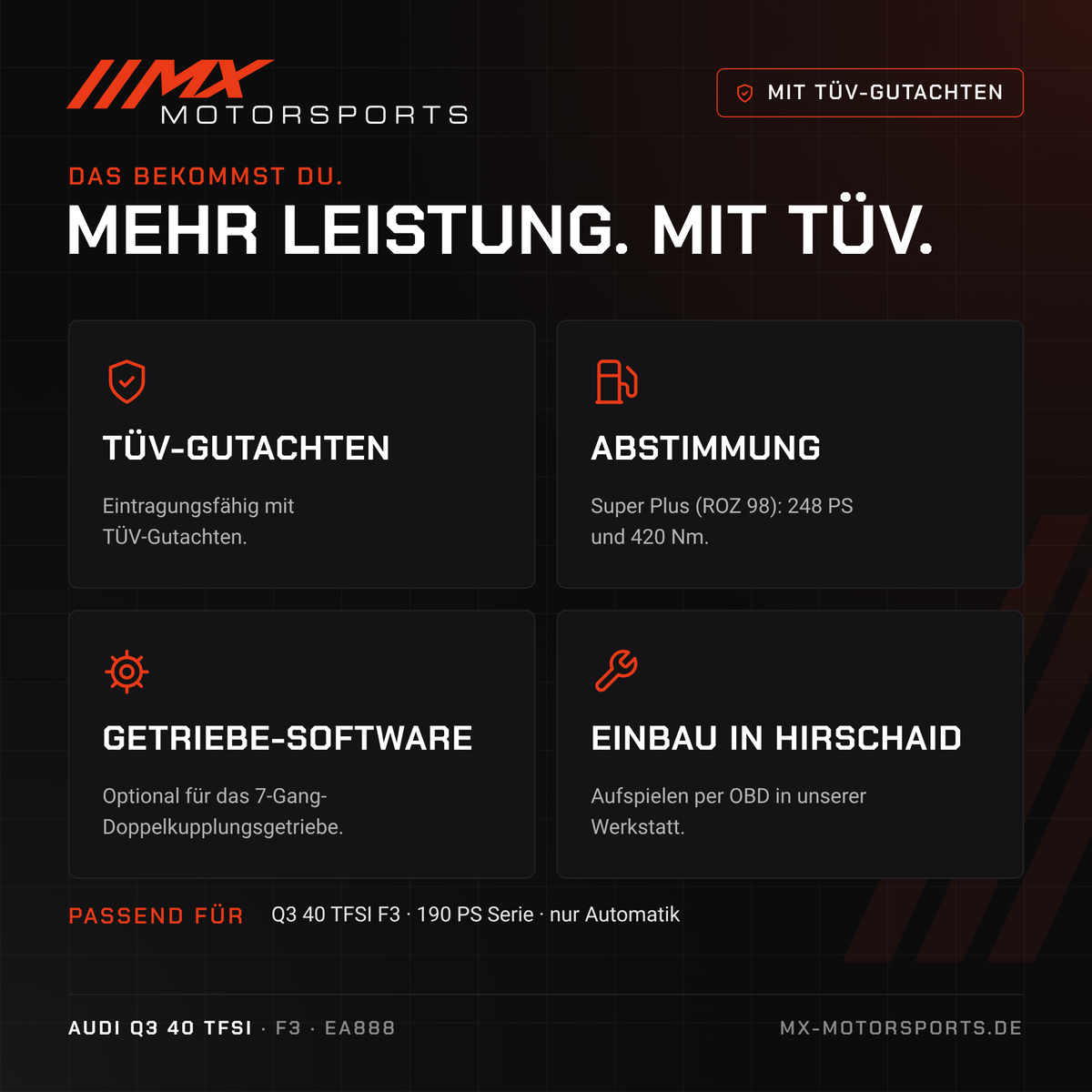 Leistungsmerkmale: TÜV-Gutachten, Abstimmung, Getriebe-Software und Einbau in Hirschaid für den Audi Q3 40 TFSI