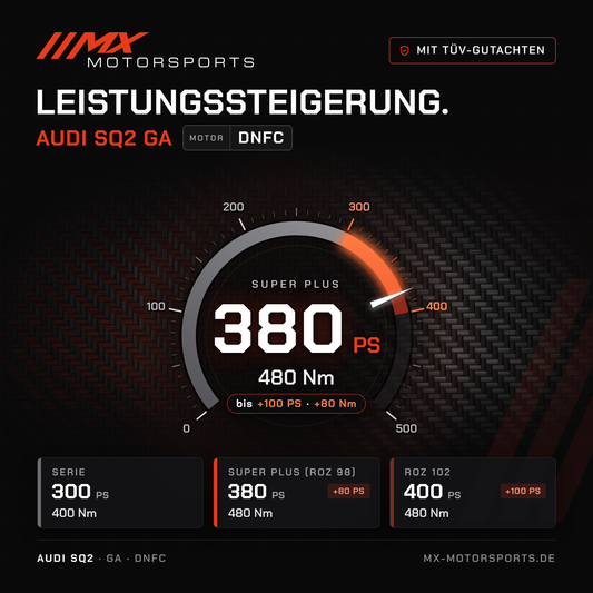Audi SQ2 (GA) Leistungssteigerung mit TÜV-Gutachten, Motor DNFC: 380 PS und 480 Nm, mit ROZ 102 bis 400 PS