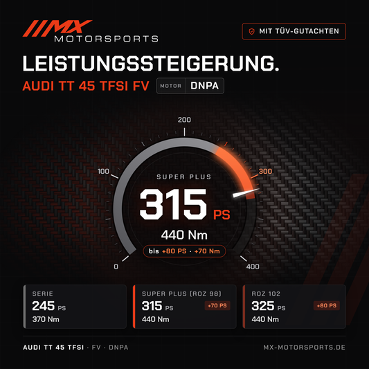 Audi TT 45 TFSI (FV) Leistungssteigerung mit TÜV-Gutachten, Motor DNPA: 315 PS und 440 Nm, mit ROZ 102 bis 325 PS