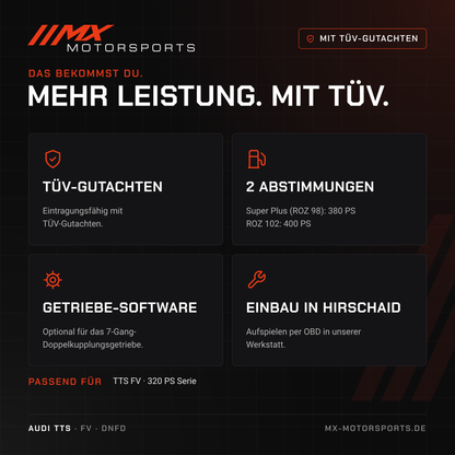 Leistungsmerkmale: TÜV-Gutachten, 2 Abstimmungen, Getriebe-Software und Einbau in Hirschaid für den Audi TTS