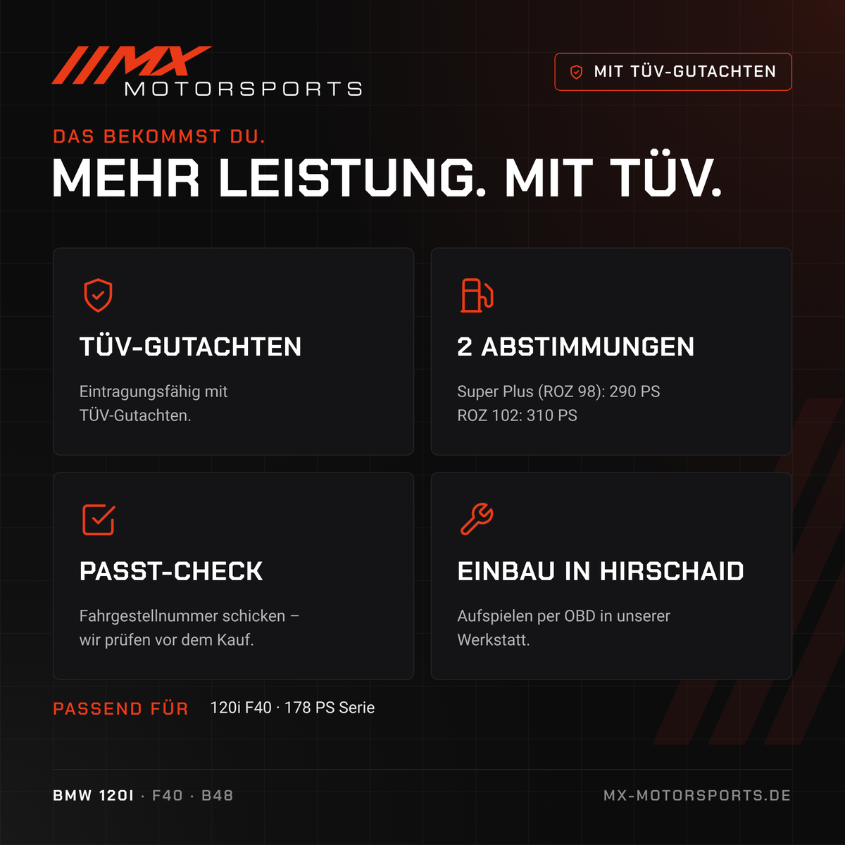 Leistungsmerkmale: TÜV-Gutachten, 2 Abstimmungen, Passt-Check und Einbau in Hirschaid für den BMW 120i