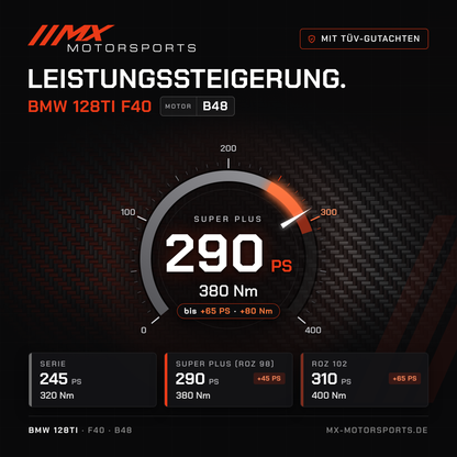 BMW 128ti (F40) Leistungssteigerung mit TÜV-Gutachten, Motor B48: 290 PS und 380 Nm, mit ROZ 102 bis 310 PS