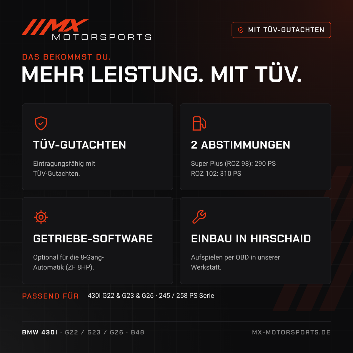 Leistungsmerkmale: TÜV-Gutachten, 2 Abstimmungen, Getriebe-Software und Einbau in Hirschaid für den BMW 430i