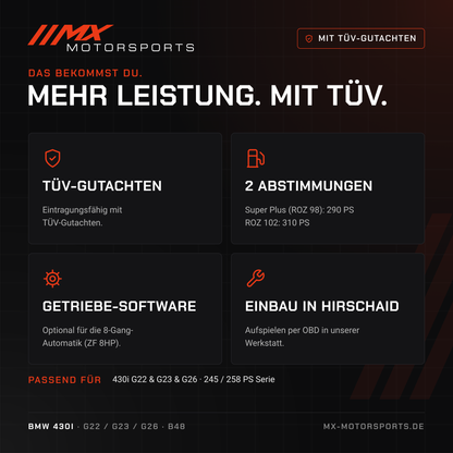 Leistungsmerkmale: TÜV-Gutachten, 2 Abstimmungen, Getriebe-Software und Einbau in Hirschaid für den BMW 430i