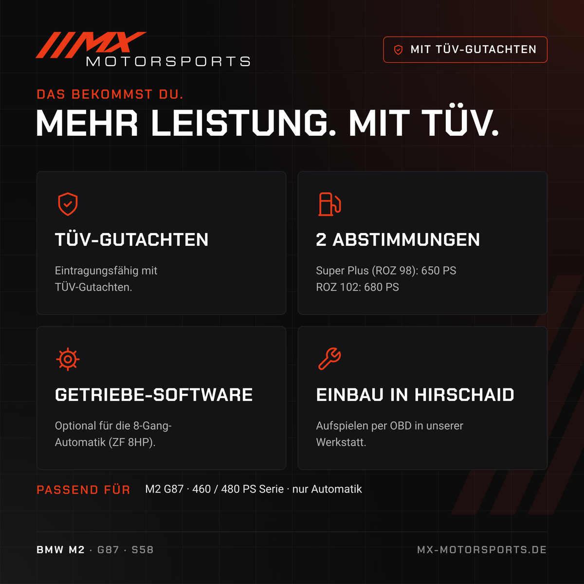 Leistungsmerkmale: TÜV-Gutachten, 2 Abstimmungen, Getriebe-Software und Einbau in Hirschaid für den BMW M2