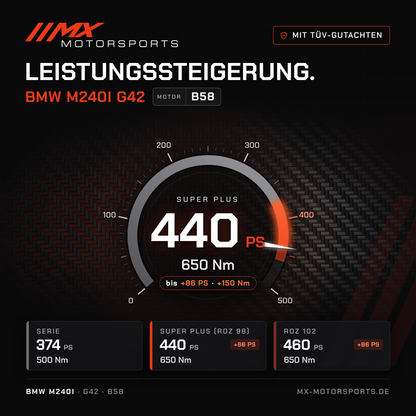 BMW M240i (G42) Leistungssteigerung mit TÜV-Gutachten, Motor B58: 440 PS und 650 Nm, mit ROZ 102 bis 460 PS