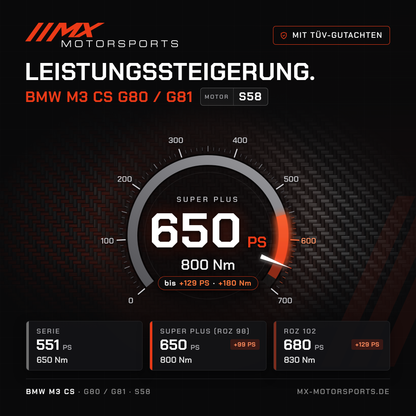BMW M3 CS (G80/G81) Leistungssteigerung mit TÜV-Gutachten, Motor S58: 650 PS und 800 Nm, mit ROZ 102 bis 680 PS