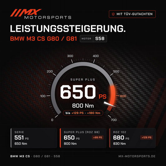 BMW M3 CS (G80/G81) Leistungssteigerung mit TÜV-Gutachten, Motor S58: 650 PS und 800 Nm, mit ROZ 102 bis 680 PS