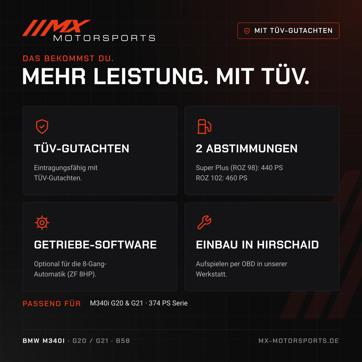 Leistungsmerkmale: TÜV-Gutachten, 2 Abstimmungen, Getriebe-Software und Einbau in Hirschaid für den BMW M340i
