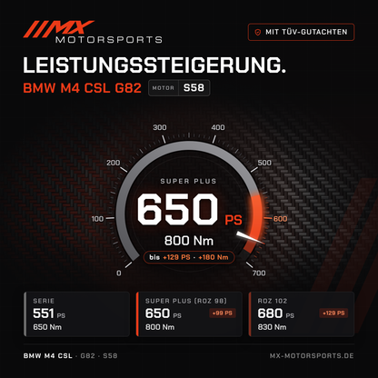 BMW M4 CSL (G82) Leistungssteigerung mit TÜV-Gutachten, Motor S58: 650 PS und 800 Nm, mit ROZ 102 bis 680 PS