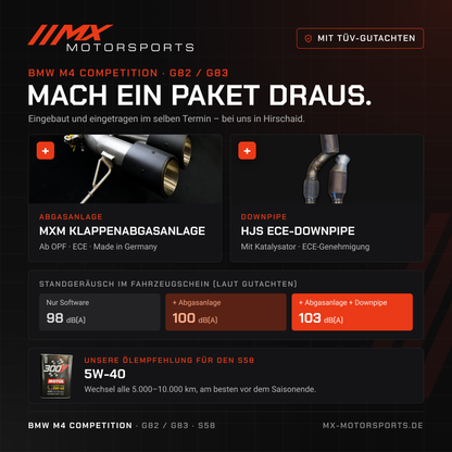 Leistungspaket M4 Competition G82/G83: MxM Klappenabgasanlage, HJS ECE-Downpipe, Standgeräusch 98/100/103 dB(A), Ölempfehlung 5W-40