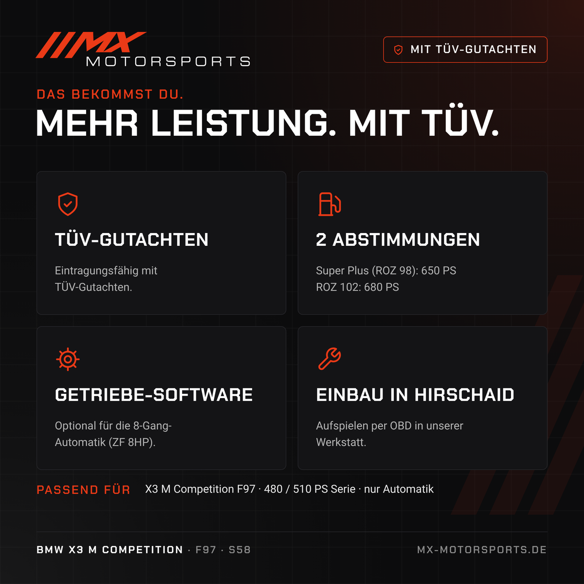 Leistungsmerkmale: TÜV-Gutachten, 2 Abstimmungen, Getriebe-Software und Einbau in Hirschaid für den BMW X3 M Competition