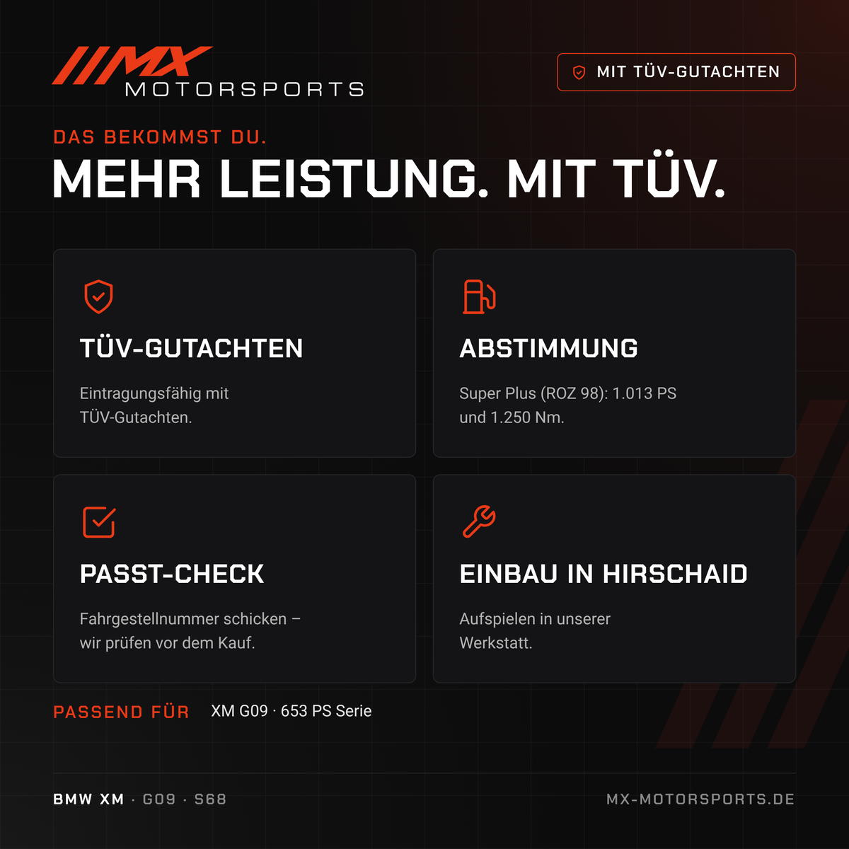 Leistungsmerkmale: TÜV-Gutachten, Abstimmung, Passt-Check und Einbau in Hirschaid für den BMW XM