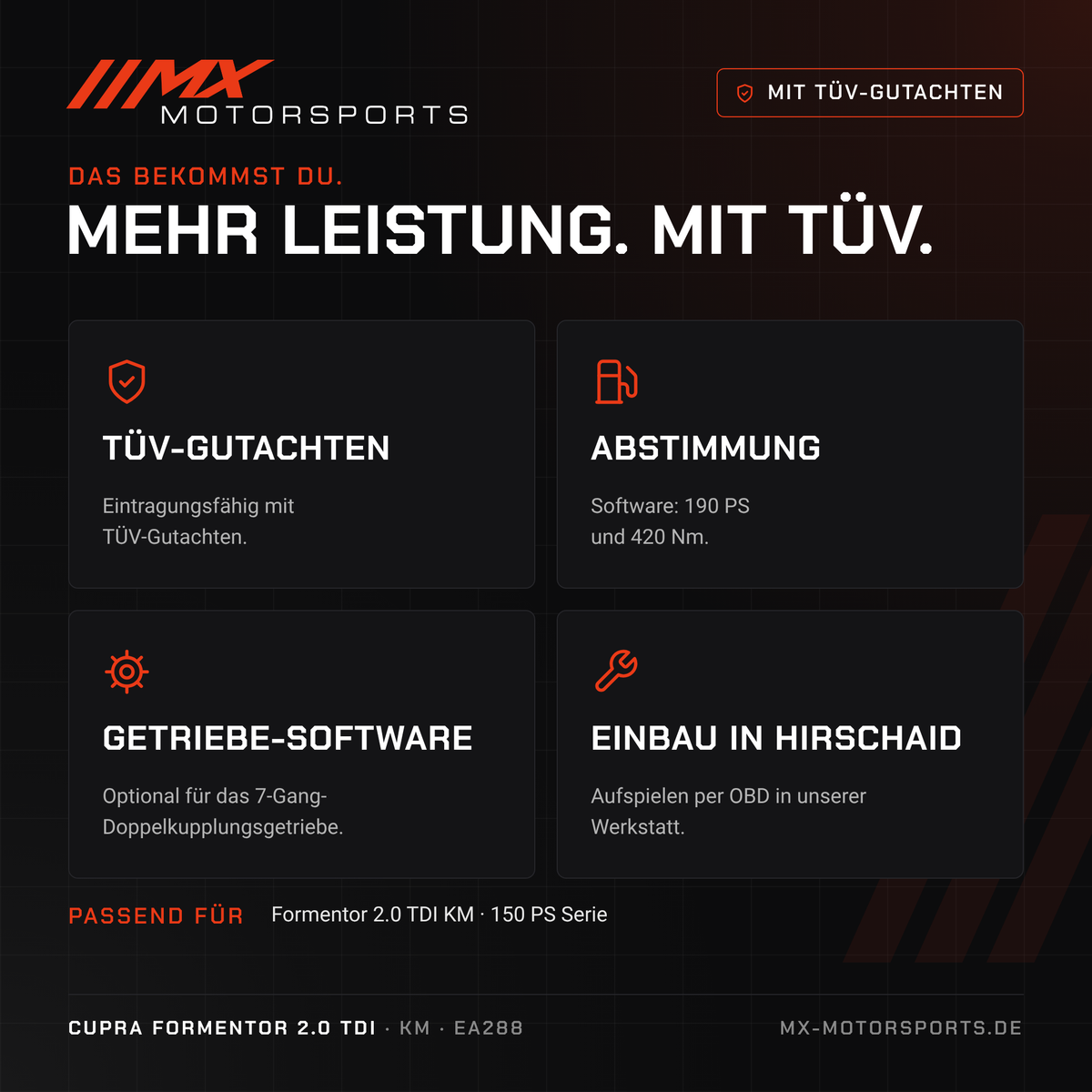 Leistungsmerkmale: TÜV-Gutachten, Abstimmung, Getriebe-Software und Einbau in Hirschaid für den Cupra Formentor 2.0 TDI 150 PS