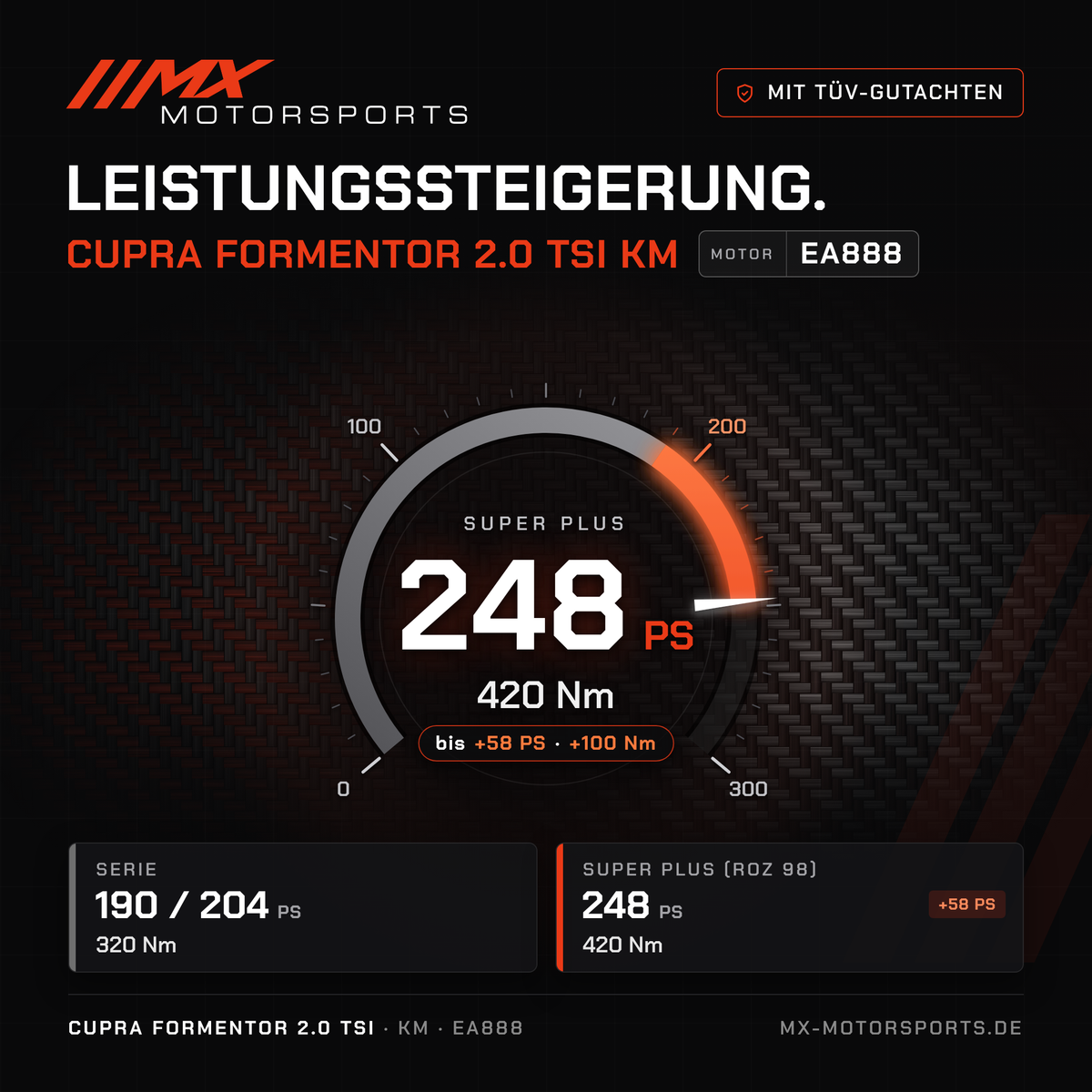 Cupra Formentor 2.0 TSI 190/204 PS (KM) Leistungssteigerung mit TÜV-Gutachten, Motor EA888: 248 PS und 420 Nm
