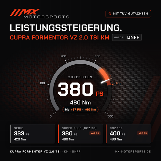 Cupra Formentor VZ 2.0 TSI 333 PS (KM) Leistungssteigerung mit TÜV-Gutachten, Motor DNFF: 380 PS und 480 Nm, mit ROZ 102 bis 400 PS