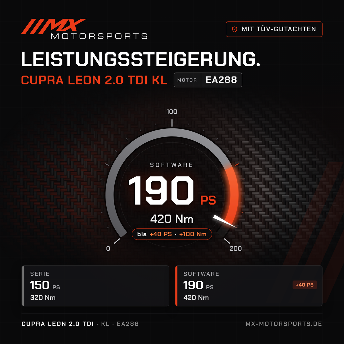 Cupra Leon 2.0 TDI 150 PS (KL) Leistungssteigerung mit TÜV-Gutachten, Motor EA288: 190 PS und 420 Nm