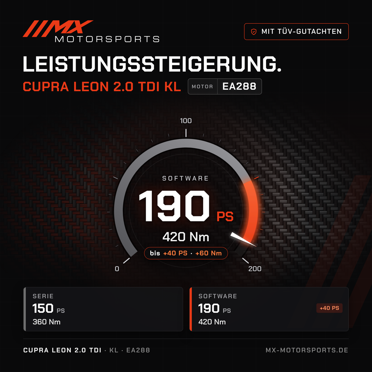 Cupra Leon 2.0 TDI 150 PS (KL) Leistungssteigerung mit TÜV-Gutachten, Motor EA288: 190 PS und 420 Nm