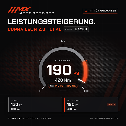 Cupra Leon 2.0 TDI 150 PS (KL) Leistungssteigerung mit TÜV-Gutachten, Motor EA288: 190 PS und 420 Nm