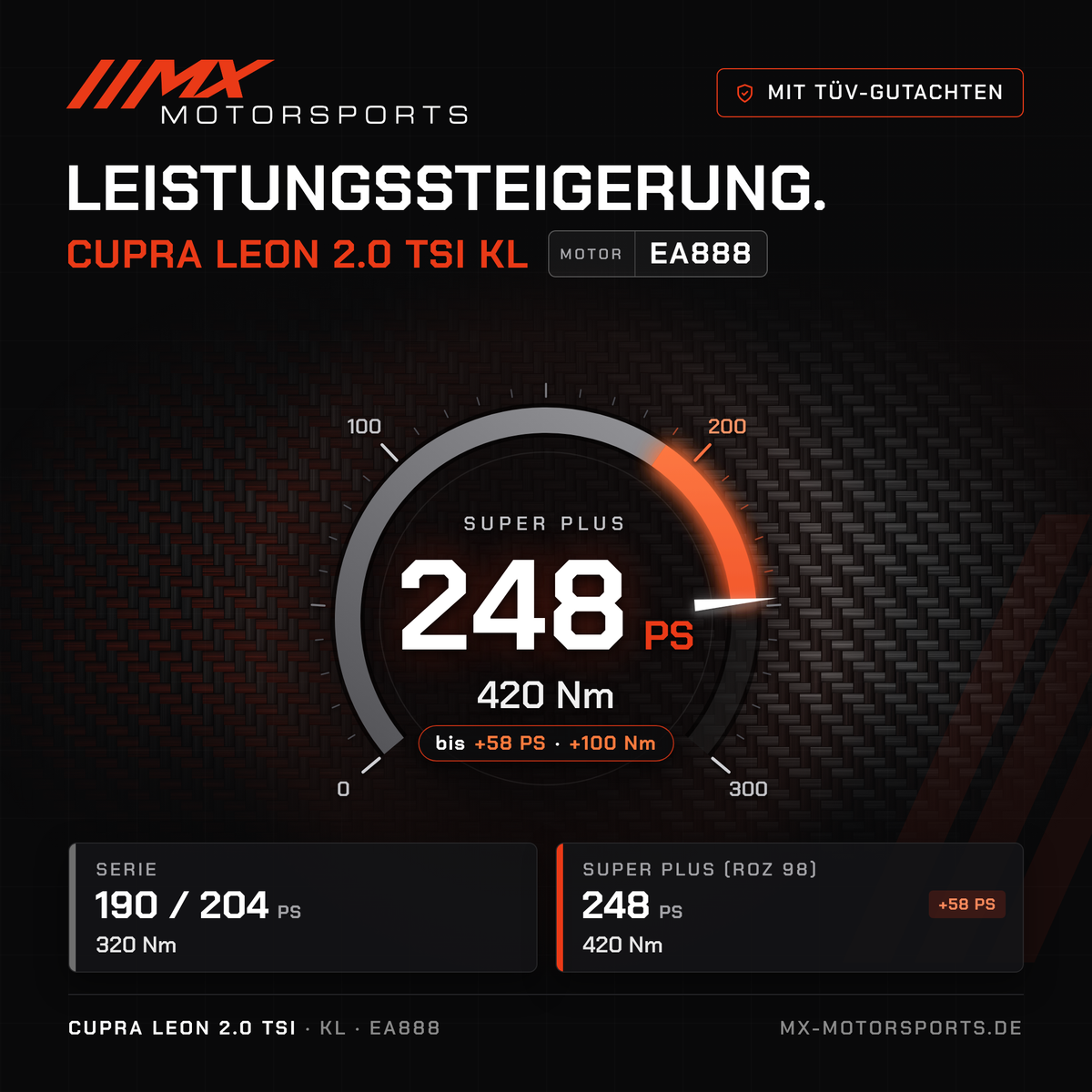 Cupra Leon 2.0 TSI 190/204 PS (KL) Leistungssteigerung mit TÜV-Gutachten, Motor EA888: 248 PS und 420 Nm