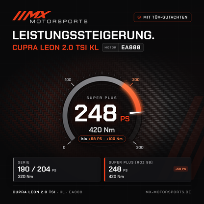 Cupra Leon 2.0 TSI 190/204 PS (KL) Leistungssteigerung mit TÜV-Gutachten, Motor EA888: 248 PS und 420 Nm