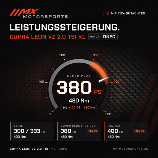 Cupra Leon VZ 2.0 TSI 300/333 PS (KL) Leistungssteigerung mit TÜV-Gutachten, Motor DNFC: 380 PS und 480 Nm, mit ROZ 102 bis 400 PS