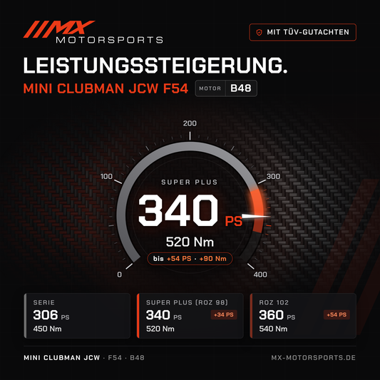 MINI Clubman John Cooper Works 306 PS (F54) Leistungssteigerung mit TÜV-Gutachten, Motor B48: 340 PS und 520 Nm, mit ROZ 102 bis 360 PS