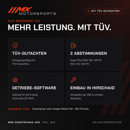 Leistungsmerkmale: TÜV-Gutachten, 2 Abstimmungen, Getriebe-Software und Einbau in Hirschaid für den MINI Countryman John Cooper Works
