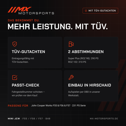 Leistungsmerkmale: TÜV-Gutachten, 2 Abstimmungen, Passt-Check und Einbau in Hirschaid für den MINI John Cooper Works