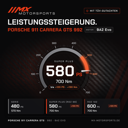 Porsche 911 Carrera GTS (992) Leistungssteigerung mit TÜV-Gutachten, Motor 9A2 Evo: 580 PS und 700 Nm, mit ROZ 102 bis 600 PS