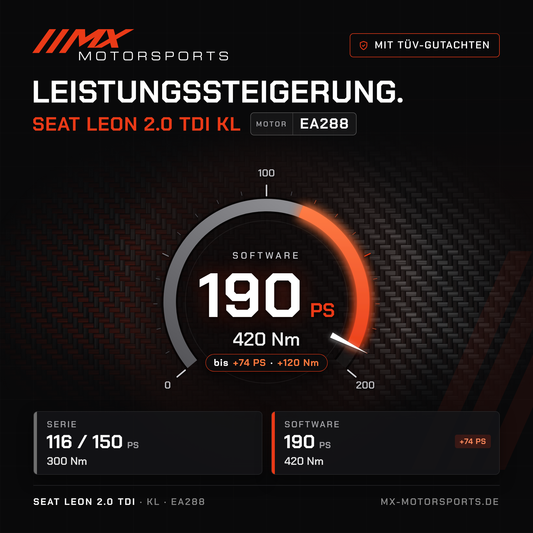 Seat Leon 2.0 TDI 116/150 PS (KL) Leistungssteigerung mit TÜV-Gutachten, Motor EA288: 190 PS und 420 Nm