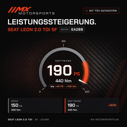 Seat Leon 2.0 TDI 150 PS (5F) Leistungssteigerung mit TÜV-Gutachten, Motor EA288: 190 PS und 440 Nm