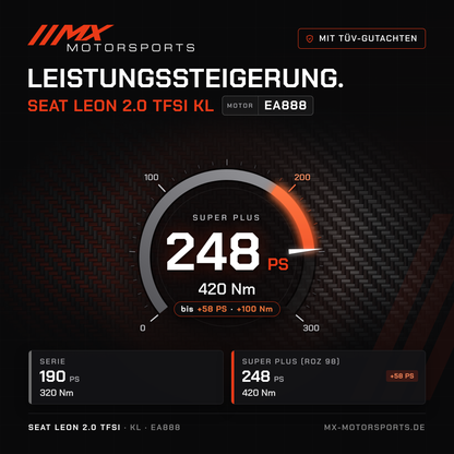 Seat Leon 2.0 TFSI 190 PS (KL) Leistungssteigerung mit TÜV-Gutachten, Motor EA888: 248 PS und 420 Nm