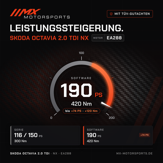 Skoda Octavia 2.0 TDI 116/150 PS (NX) Leistungssteigerung mit TÜV-Gutachten, Motor EA288: 190 PS und 420 Nm