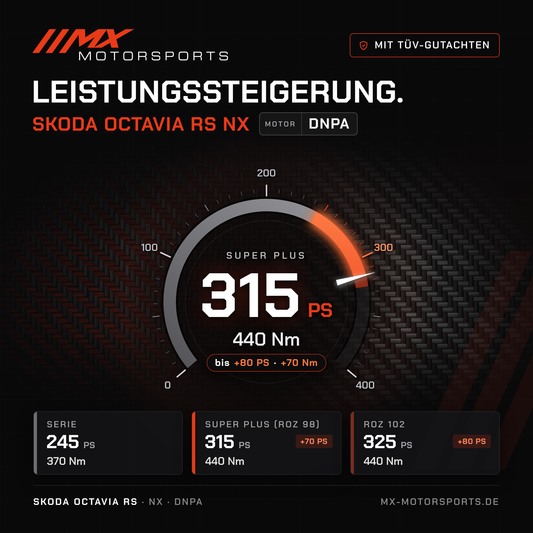 Skoda Octavia RS (NX) Leistungssteigerung mit TÜV-Gutachten, Motor DNPA: 315 PS und 440 Nm, mit ROZ 102 bis 325 PS