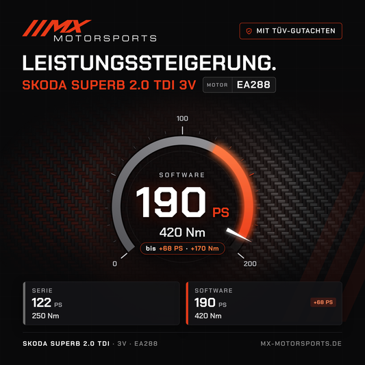 Skoda Superb 2.0 TDI 122 PS (3V) Leistungssteigerung mit TÜV-Gutachten, Motor EA288: 190 PS und 420 Nm