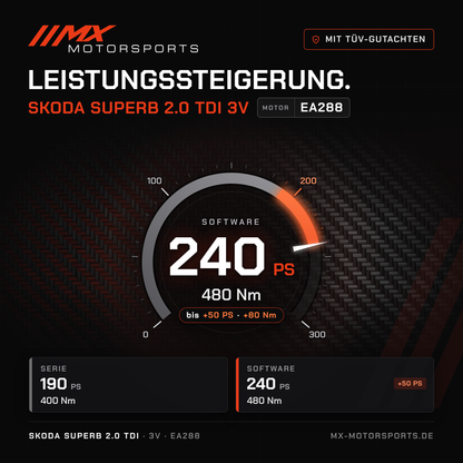 Skoda Superb 2.0 TDI 190 PS (3V) Leistungssteigerung mit TÜV-Gutachten, Motor EA288: 240 PS und 480 Nm